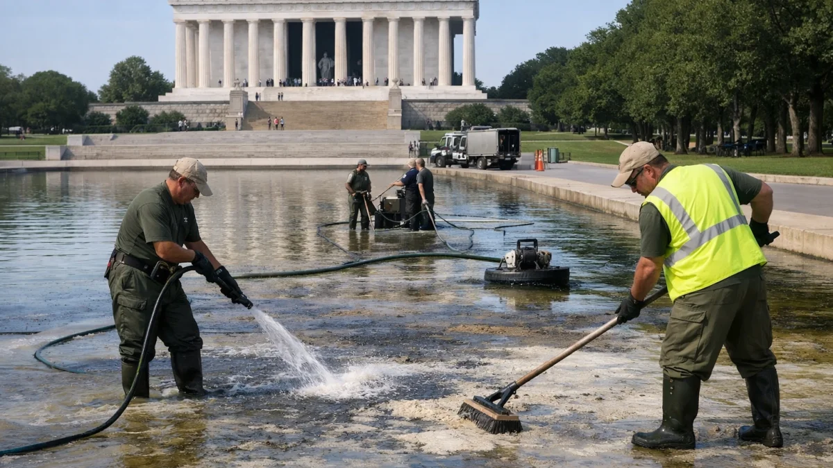 National Park Service Cleans Lincoln Memorial Reflecting Pool After Vandalism