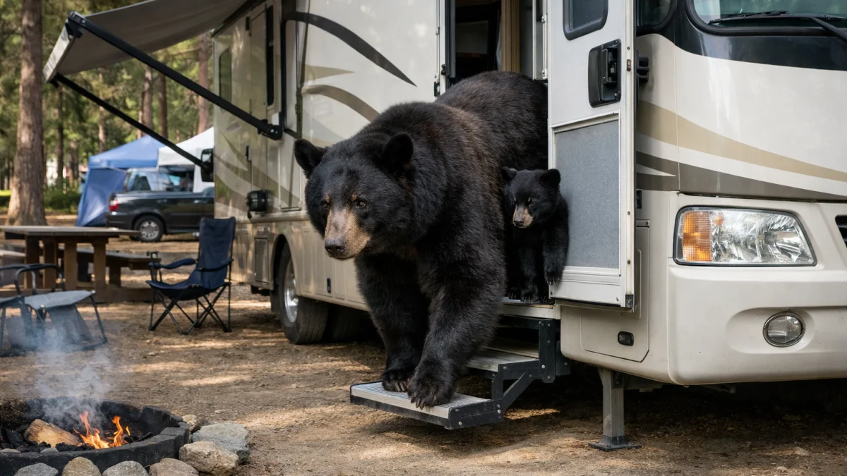 Bear and Cub Spotted Exiting RV at California Campground