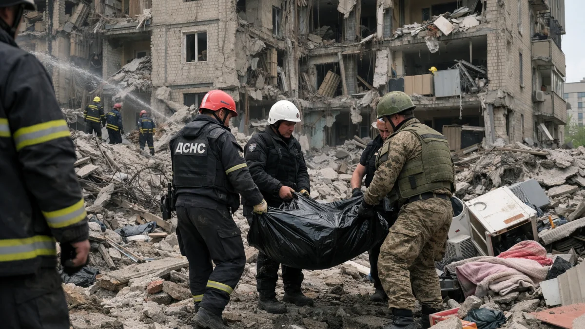 Rescue Workers Recover Bodies After Russian Attack on Kyiv Apartment