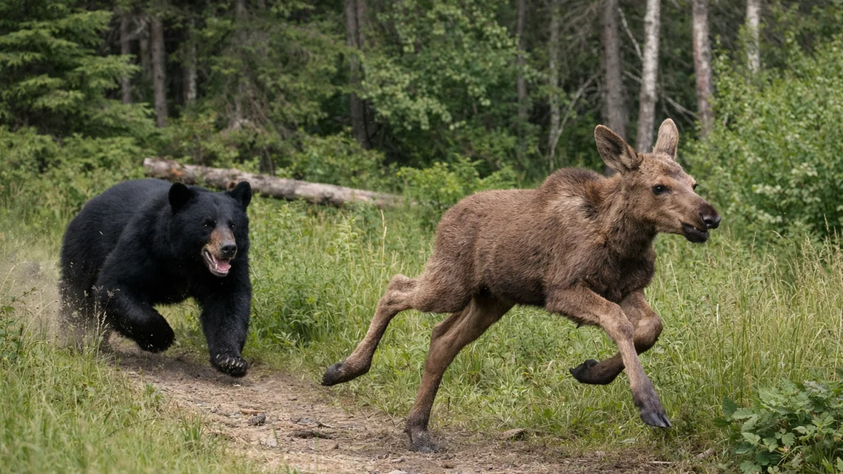 Bear Chases Moose Calf in Maine Wildlife Encounter