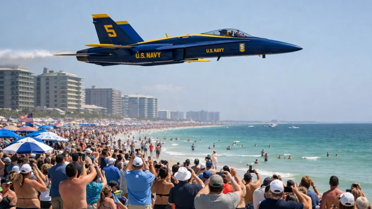 Blue Angels Jet Performs Low Flyover Over Florida Beach Crowd
