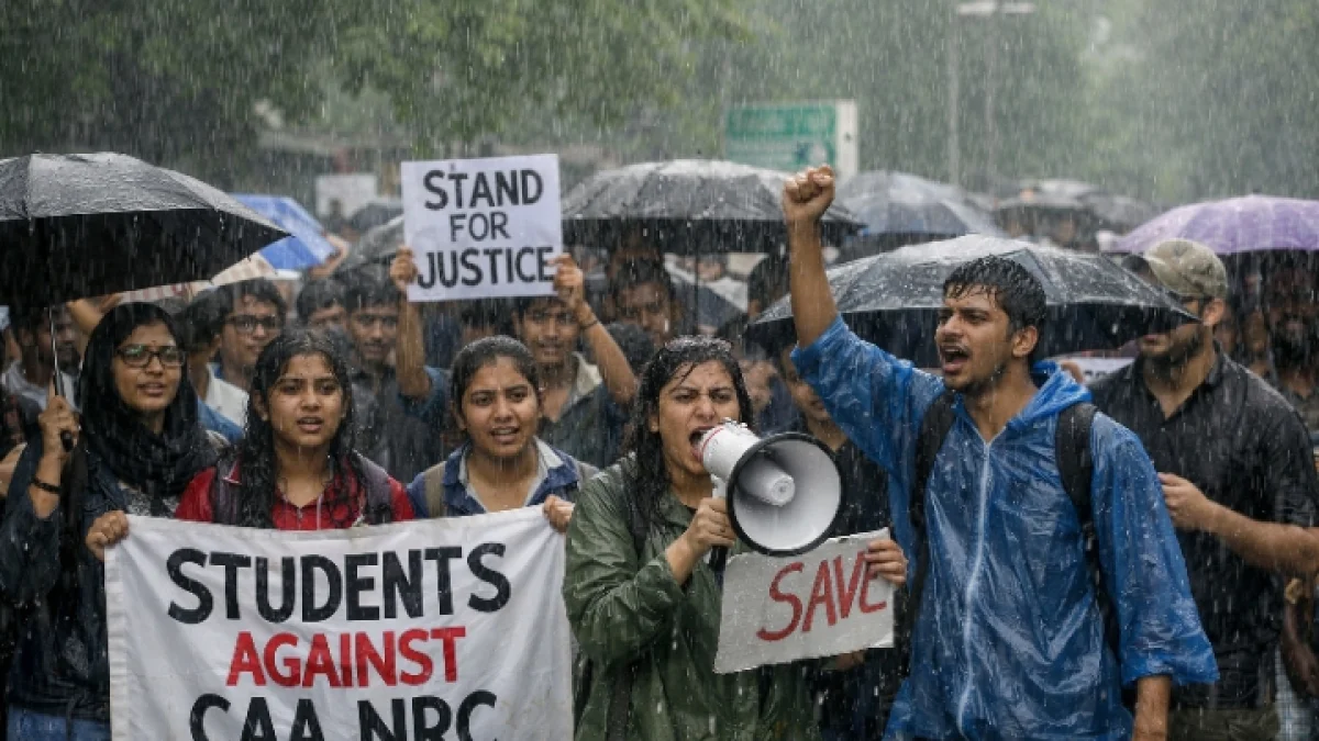 Students Protest Peacefully in Delhi Despite Heavy Rain