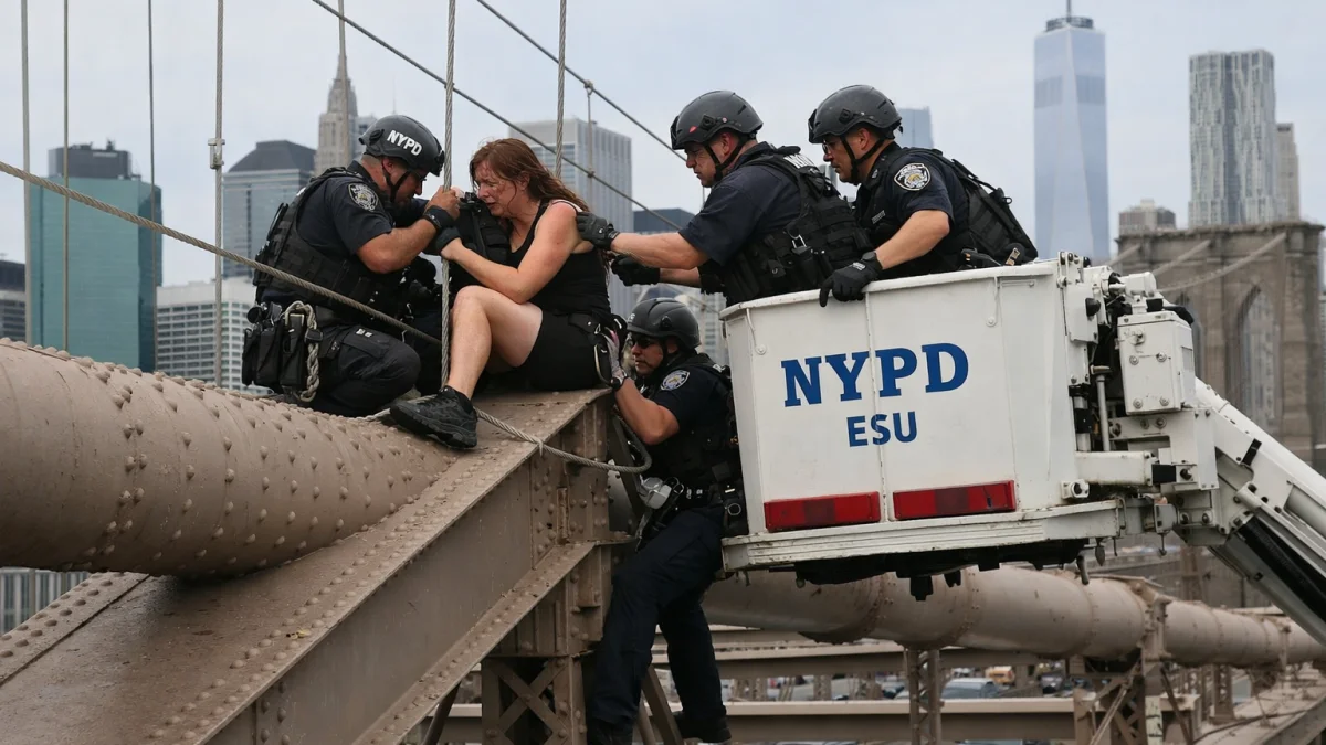 NYPD Rescues Woman Perched on Brooklyn Bridge Beam