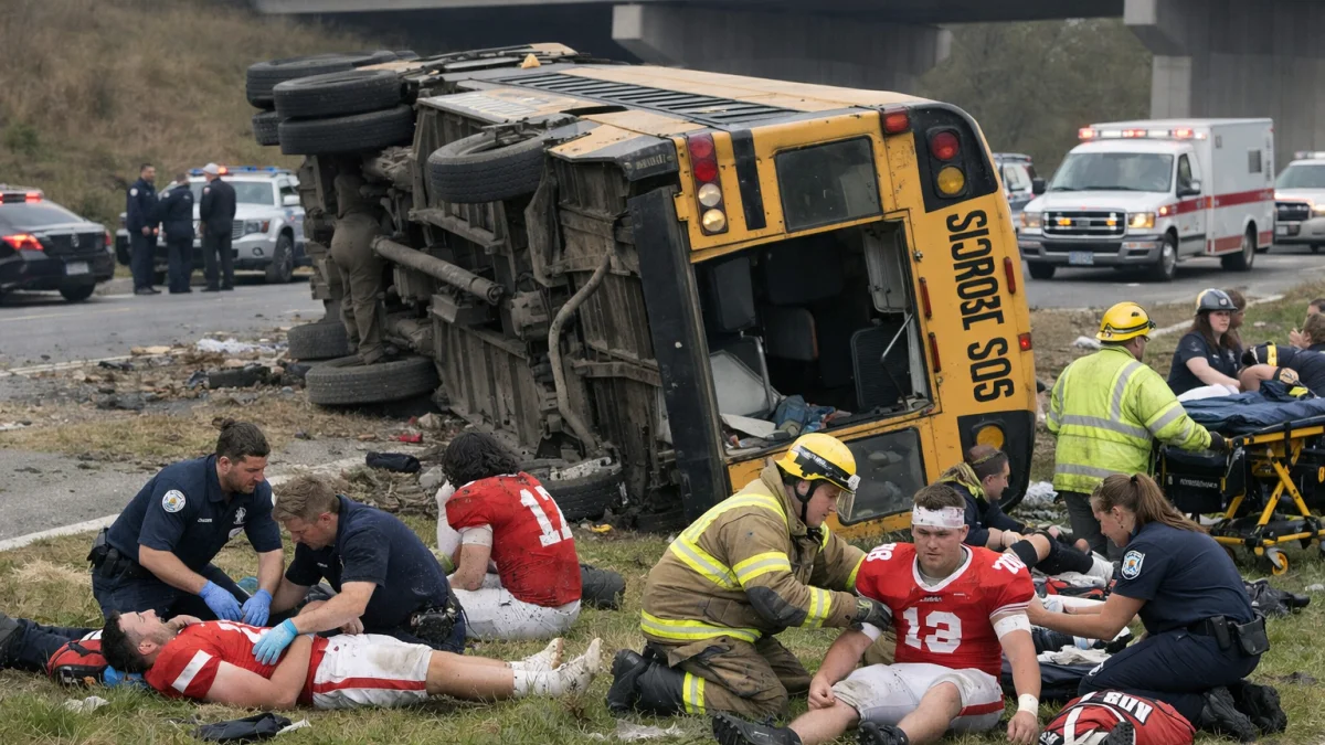 High School Football Team Bus Flips Injuring Multiple Players