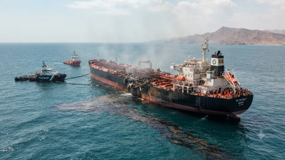 Oil Tanker Leaks After Explosion Off Oman Coast