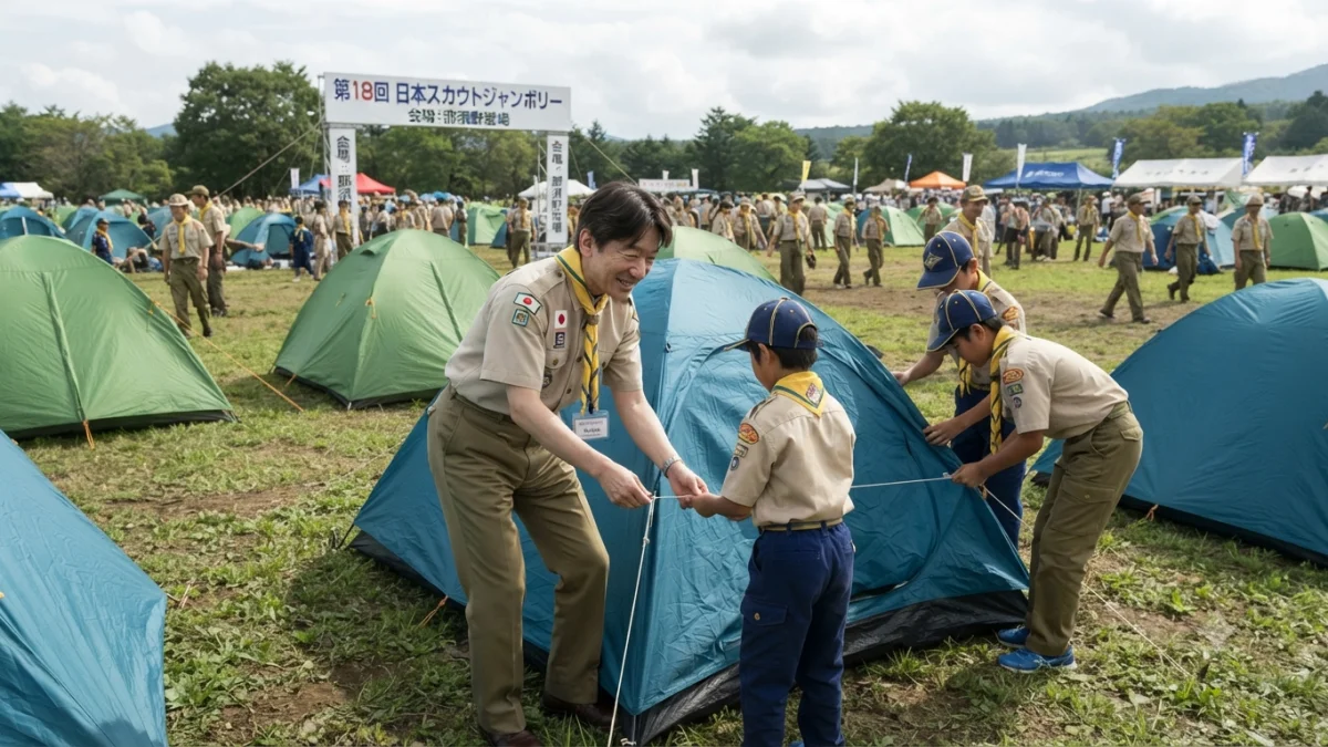 Japanese Scouts Pitch Tents With Royal Prince at National Jamboree