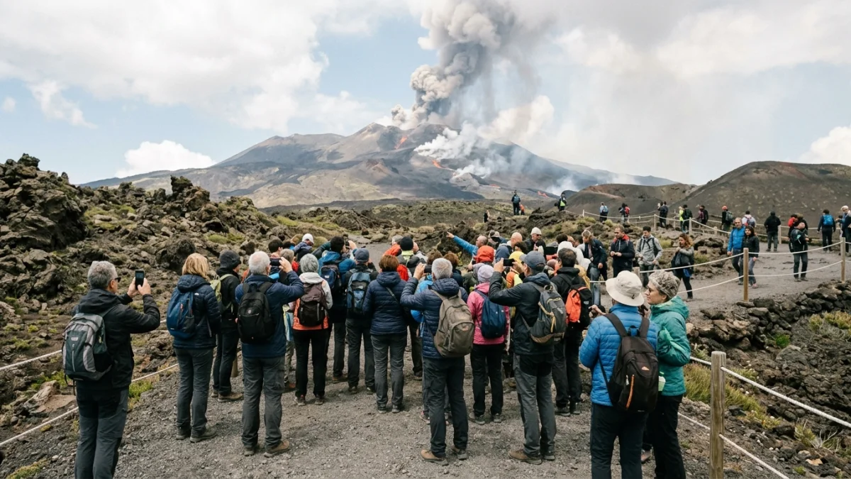 Tourists flock to Mount Etna during active volcanic eruption
